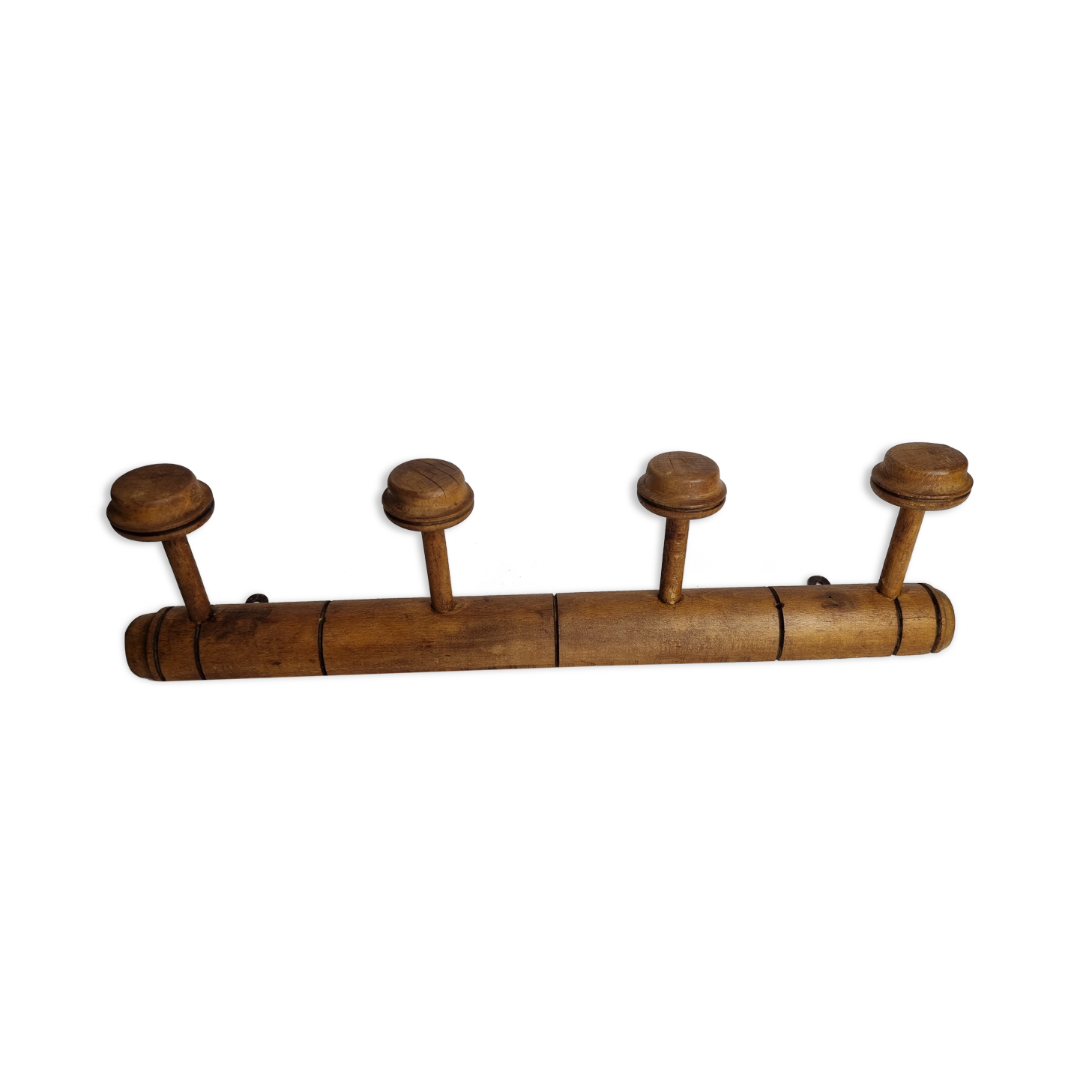 Old wall-mounted portmanteau, 4 patères, in turned wood, 52 cm