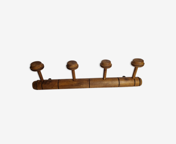 Ancien portemanteau mural, 4 patères, en bois tourné, 52 cm