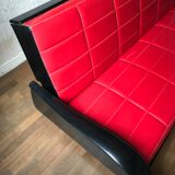 Vintage convertible sofa, red and black skai