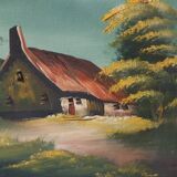 Vintage oil painting on canvas house and river