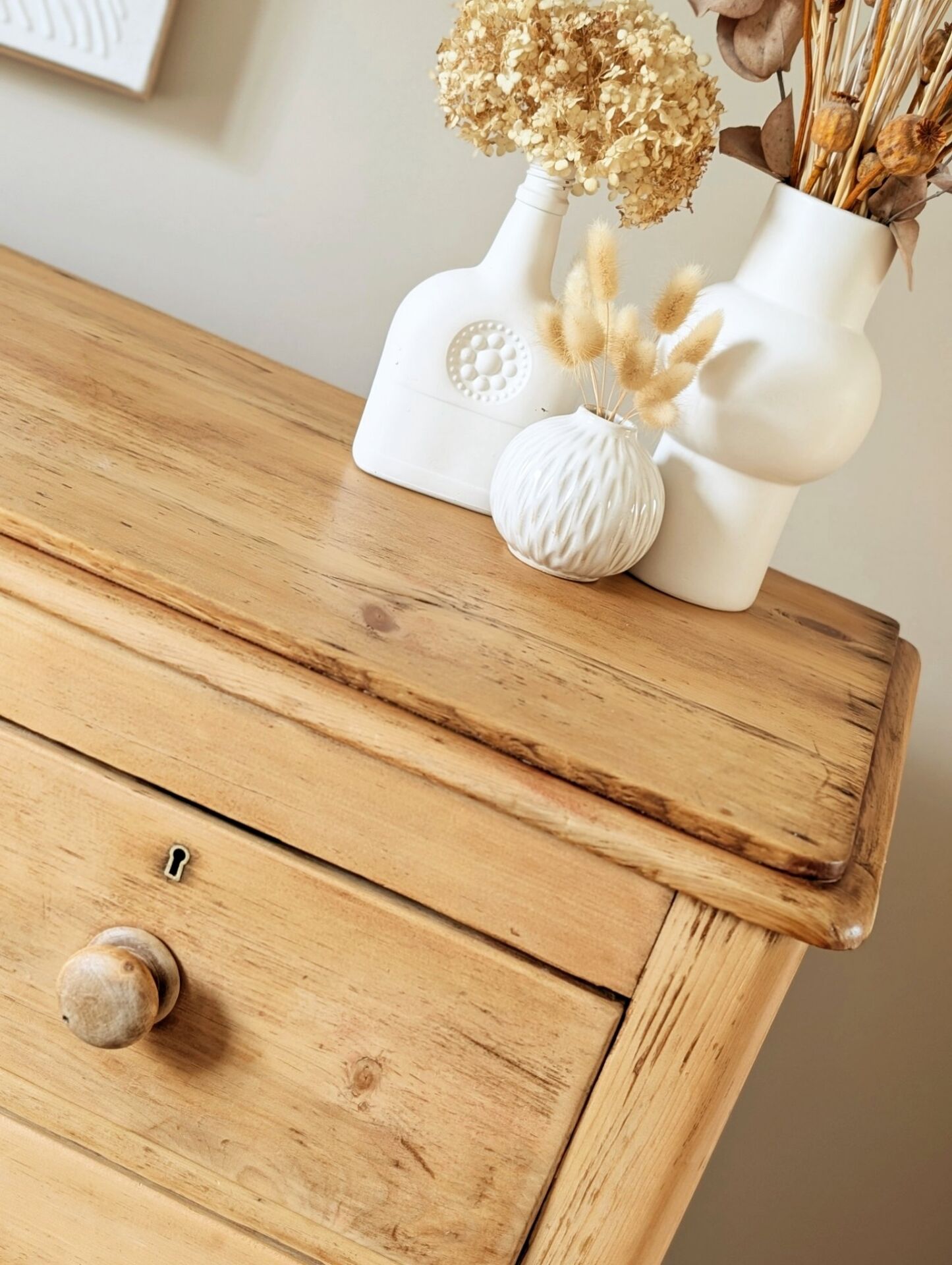 Large renovated antique English chest of drawers in solid pine.