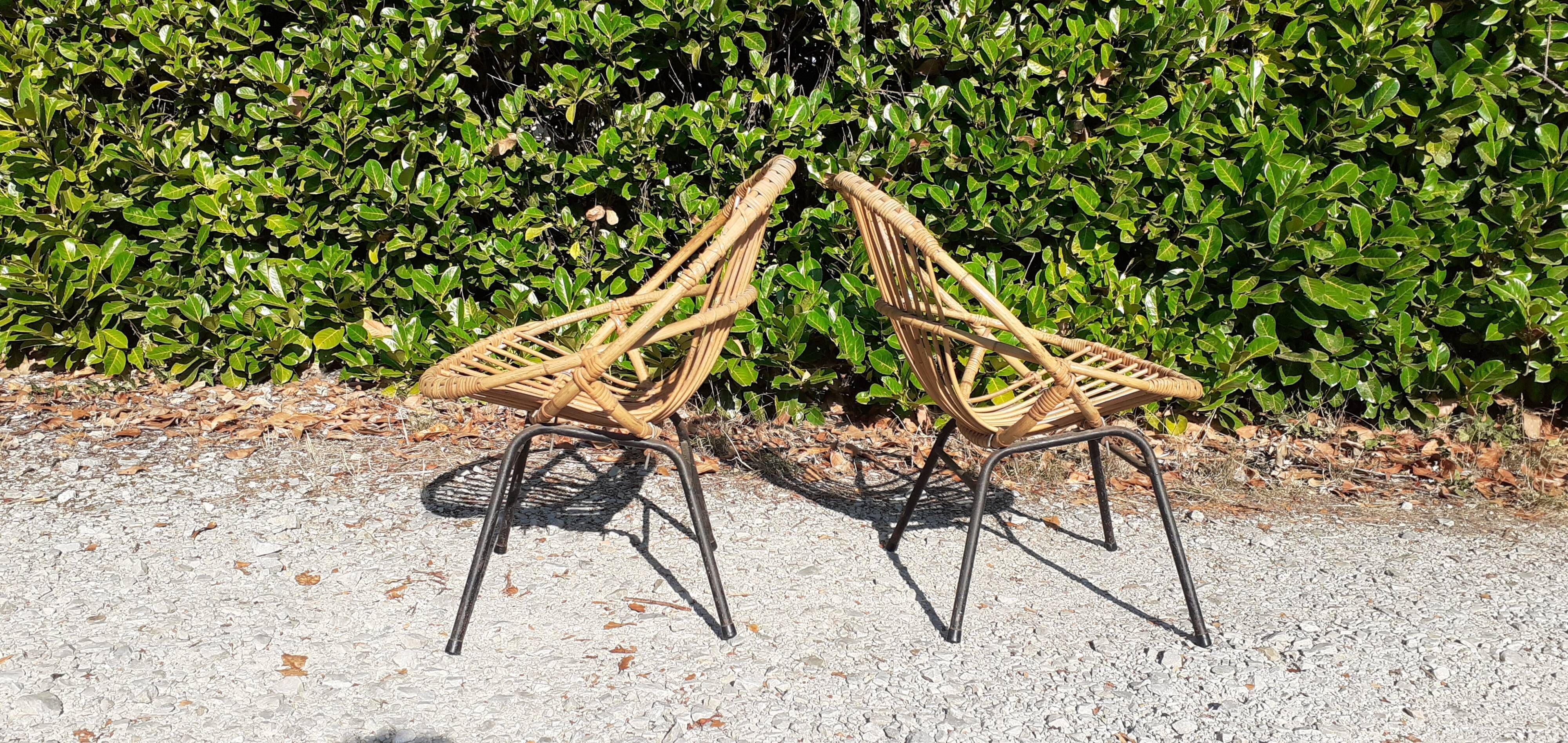 Pairs of rattan armchairs base metal year 60 vintage
