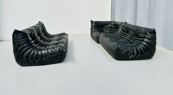 Ensemble de salon Togo français en cuir noir par Michel Ducaroy pour Ligne Roset, ensemble de 3 pièces
