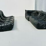 French Togo living room set in black leather by Michel Ducaroy for Ligne Roset, set of 3