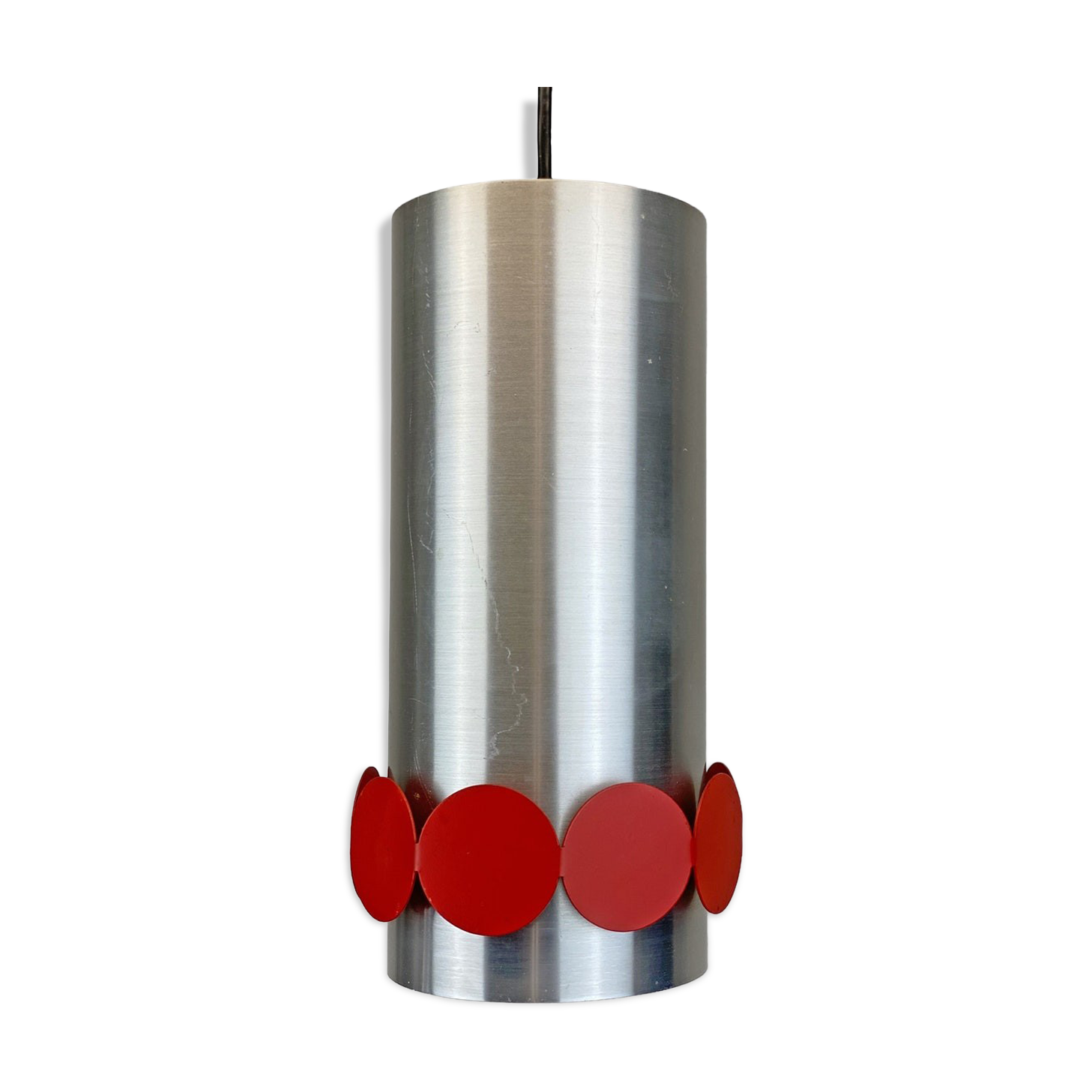 Rare mid century DORIA hanging lamp, Aluminium & red discs