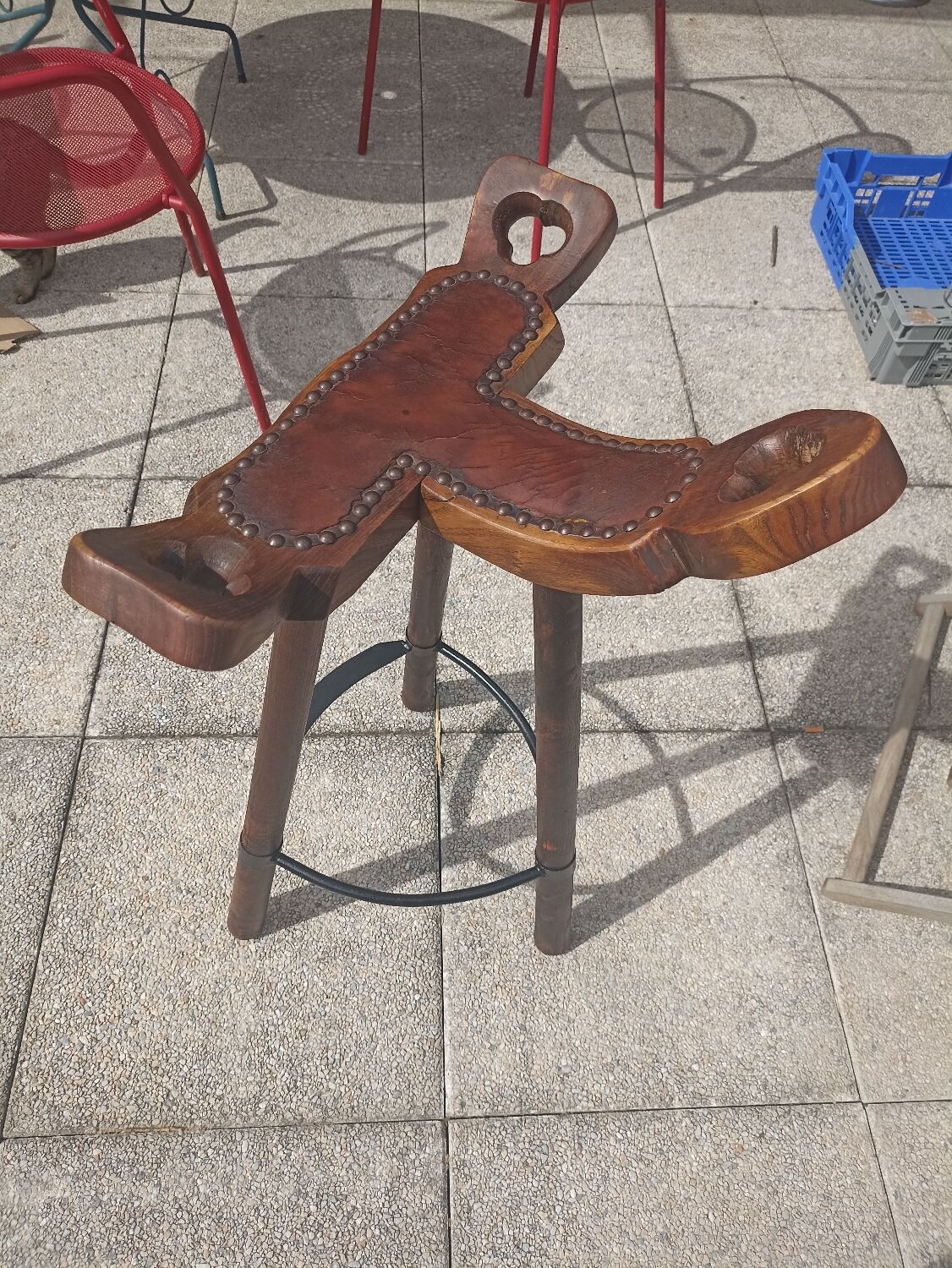 Brutalist bar stool wood and leather