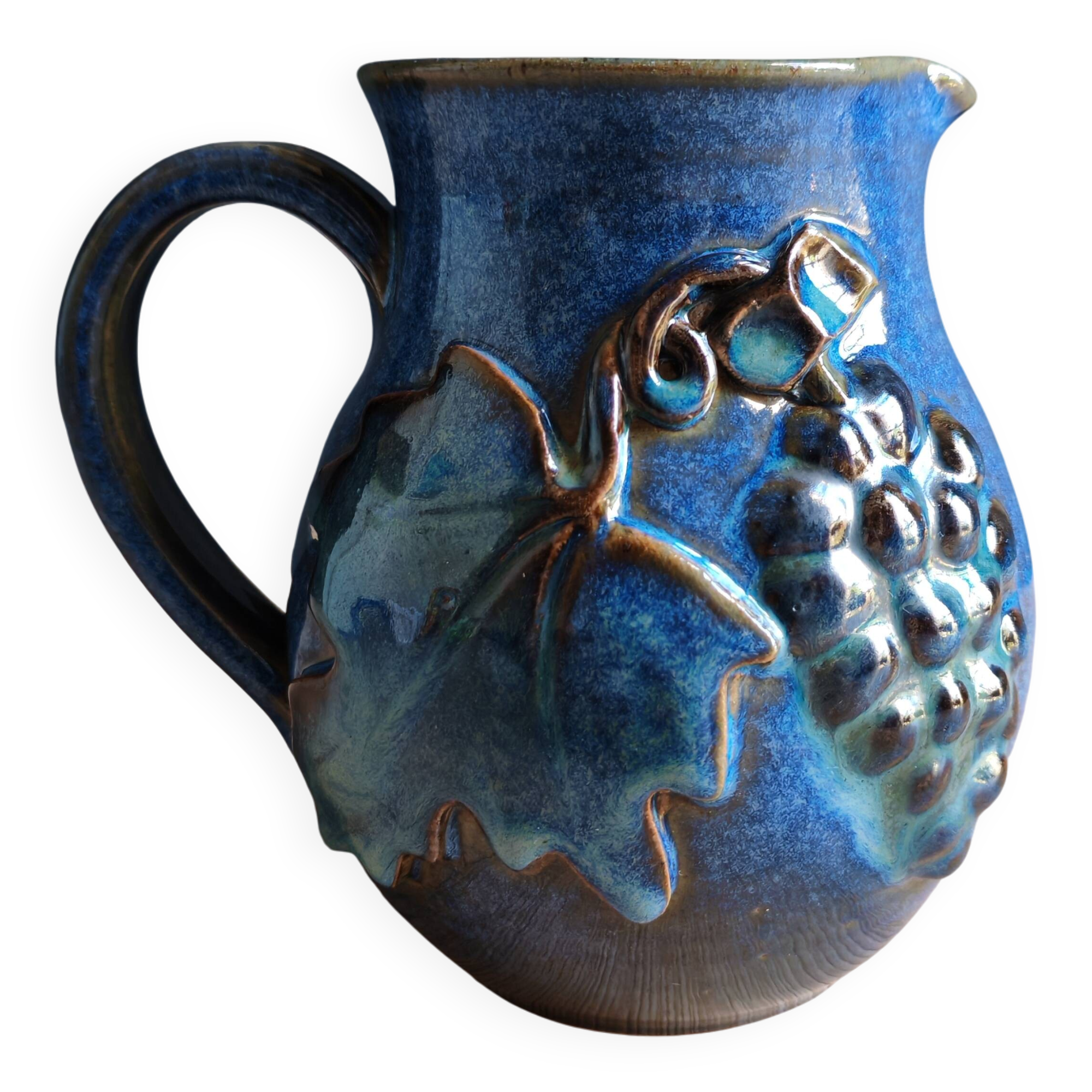 Vintage Blue Stoneware Jug with Grape Cluster Pattern, Ceramic Vase