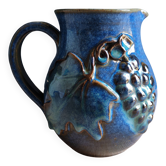 Vintage Blue Stoneware Jug with Grape Cluster Pattern, Ceramic Vase