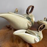 Hull pottery tea set parchment and pine, tea pot, creamer & sugar pot, american embossed majolica