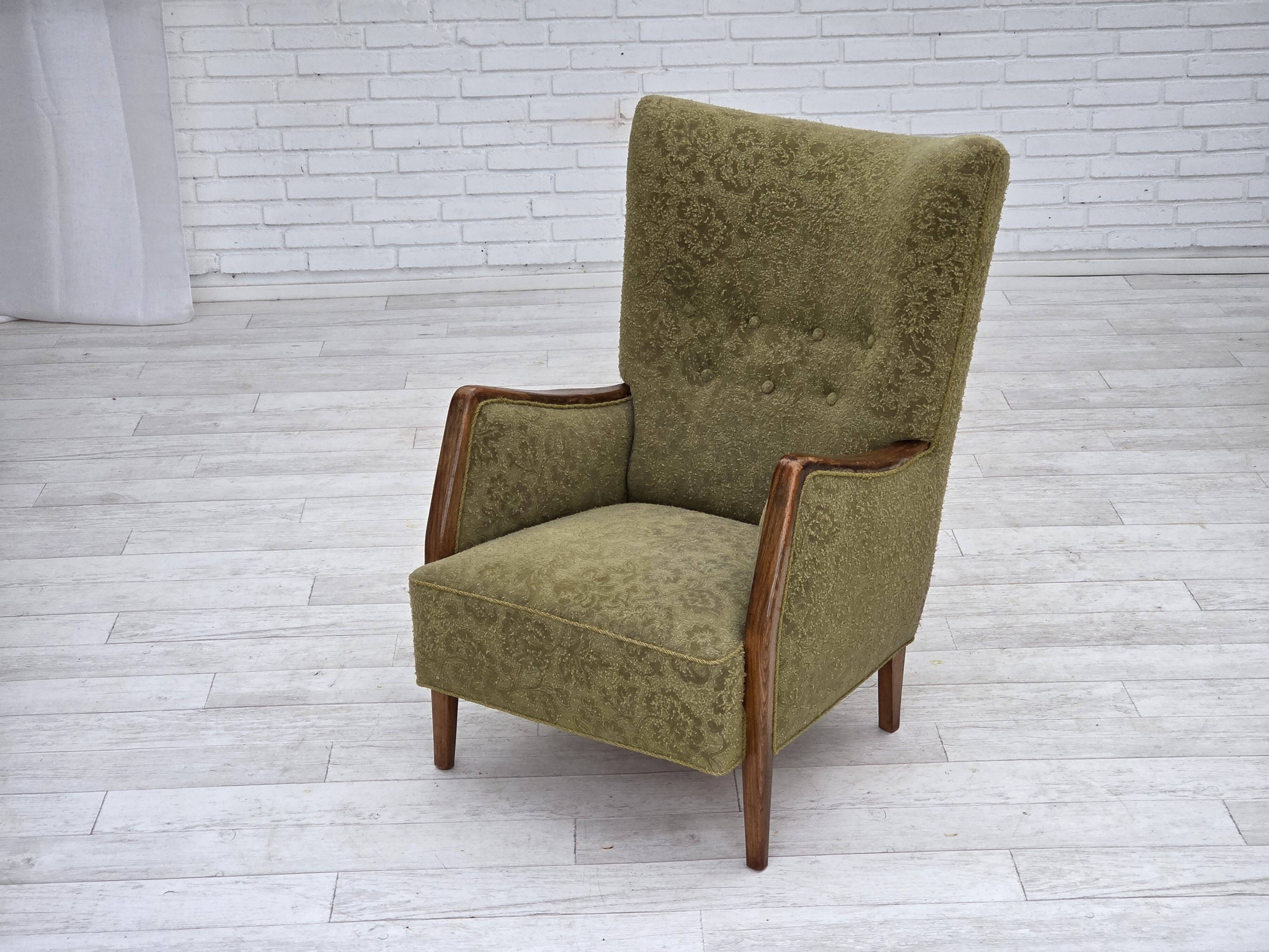 1960s, Danish armchair, original green furniture velour, ash wood