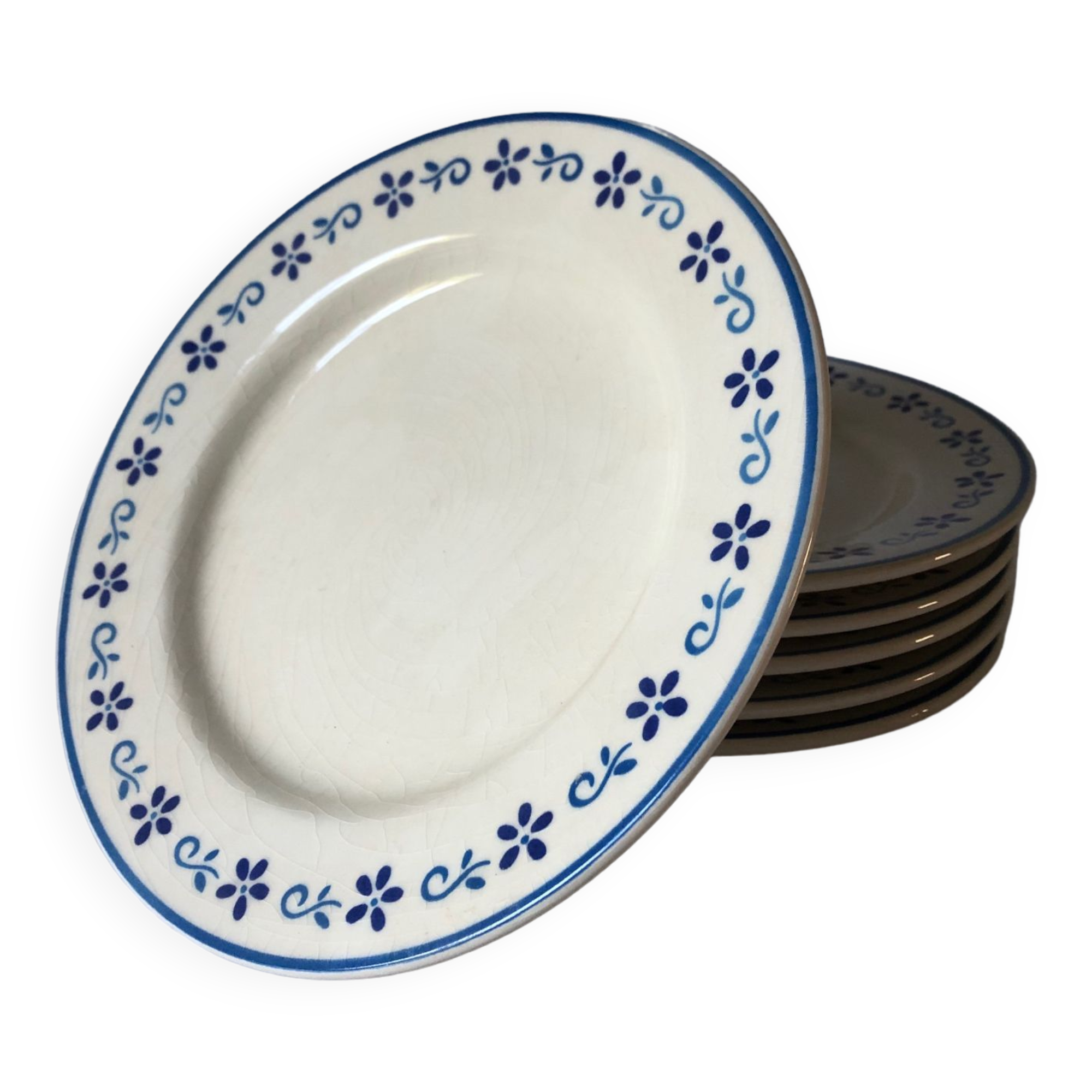 6 flat antique plates in blue white earthenware
