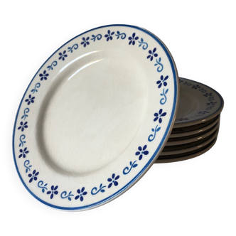 6 assiettes plates anciennes en faïence blanc bleu