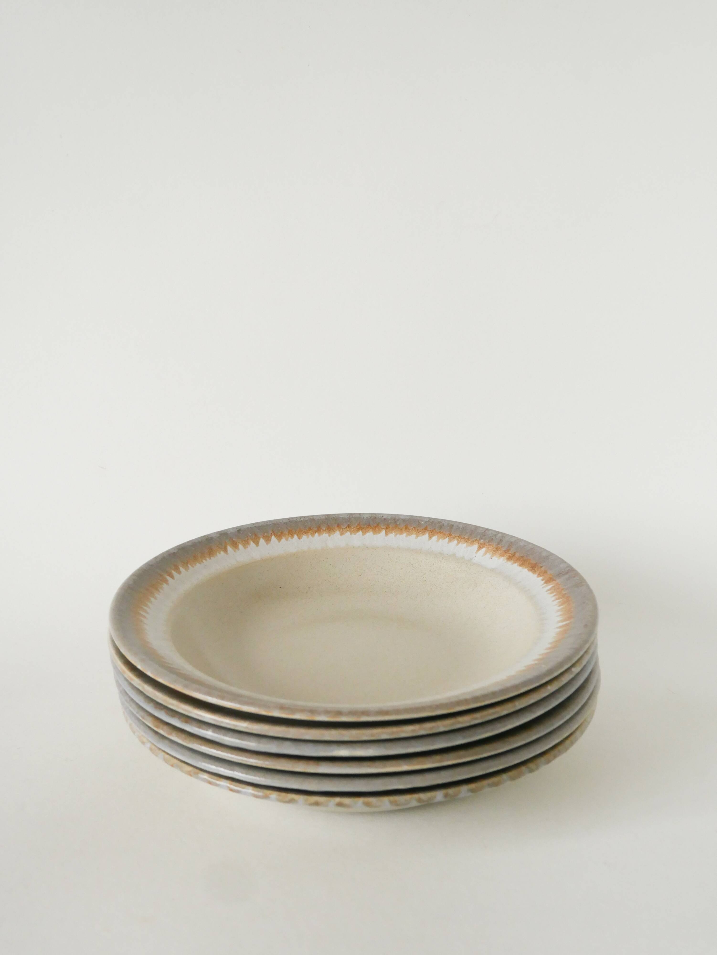 Lot de 6 assiettes creuses en grès, Beige et Ocre, 1970
