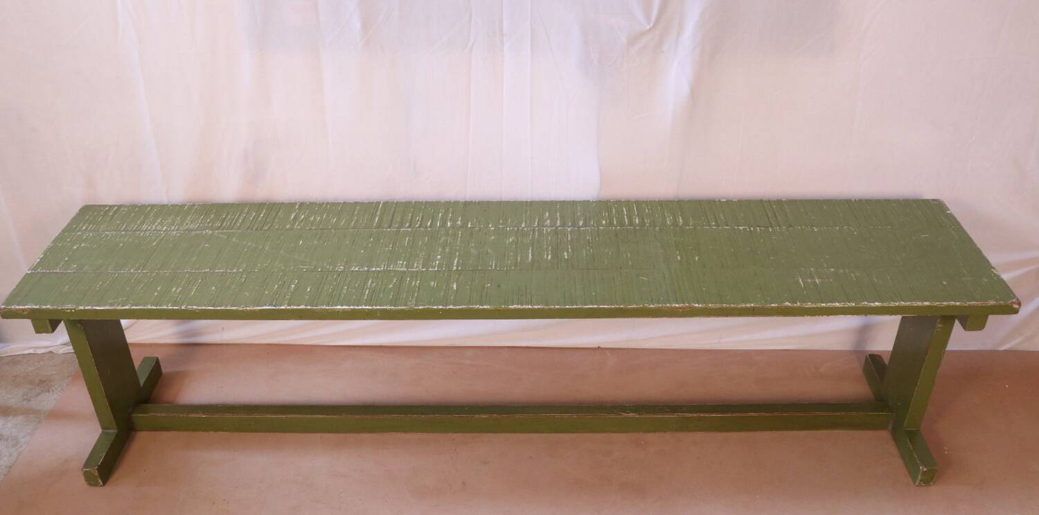 Old teak bench with original green patina.