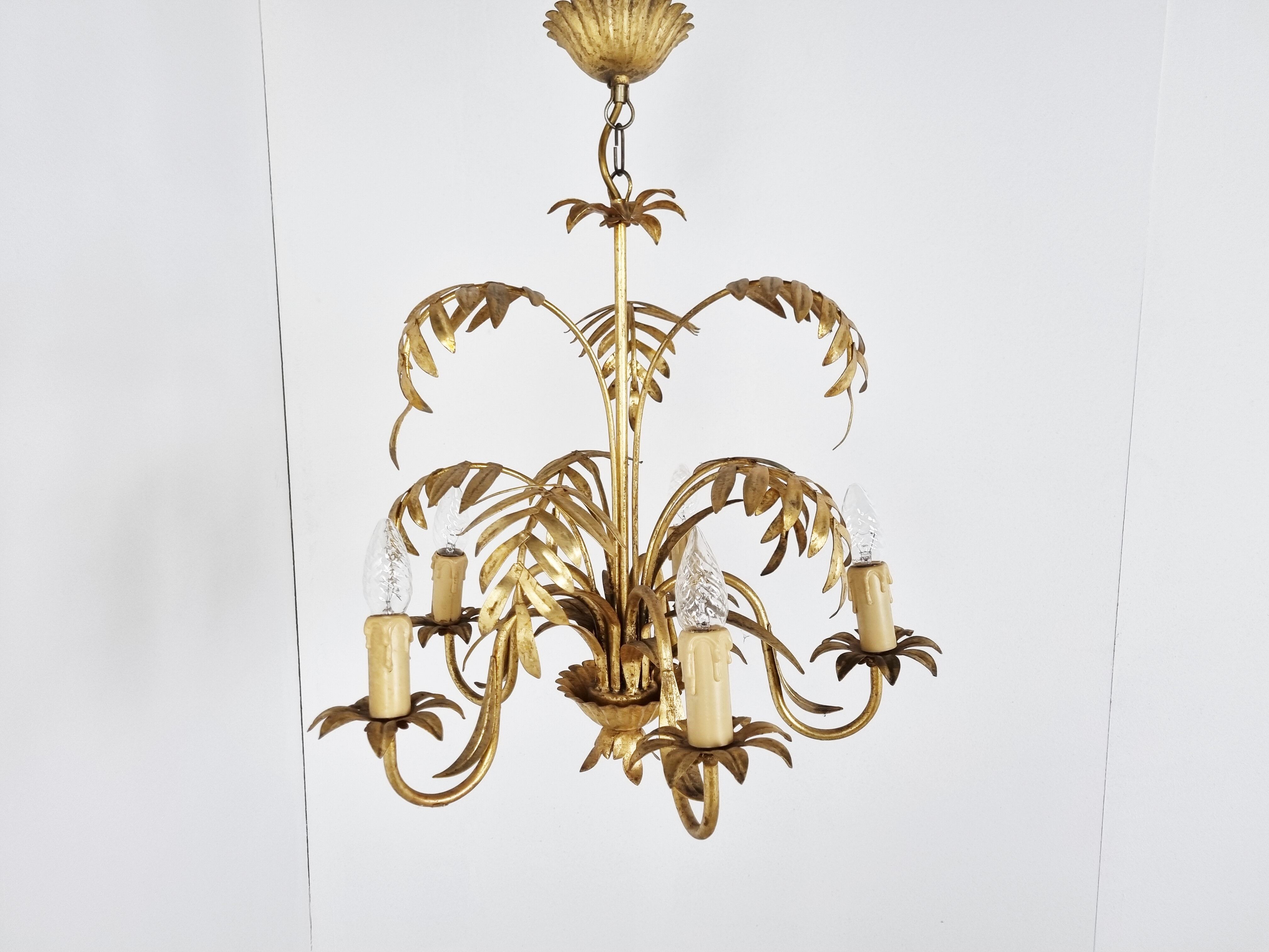 Vintage gilt metal palm chandelier, 1960s