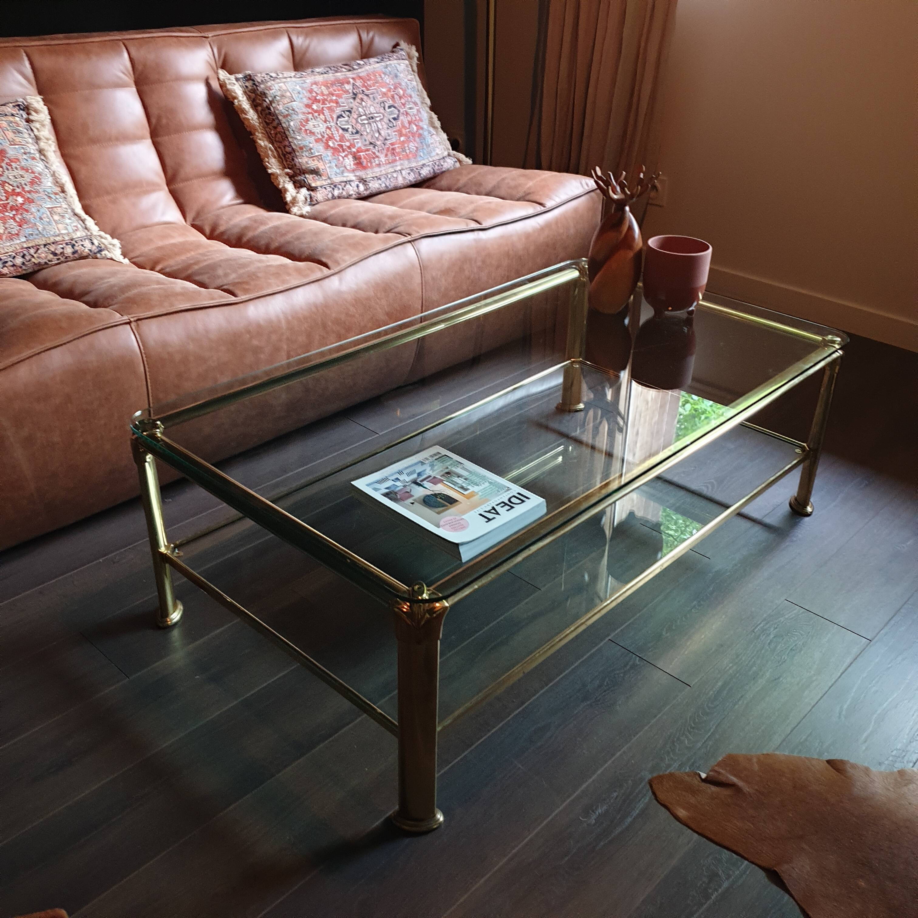 Vintage brass and glass coffee table, Italian, 70s Hollywood Regency style