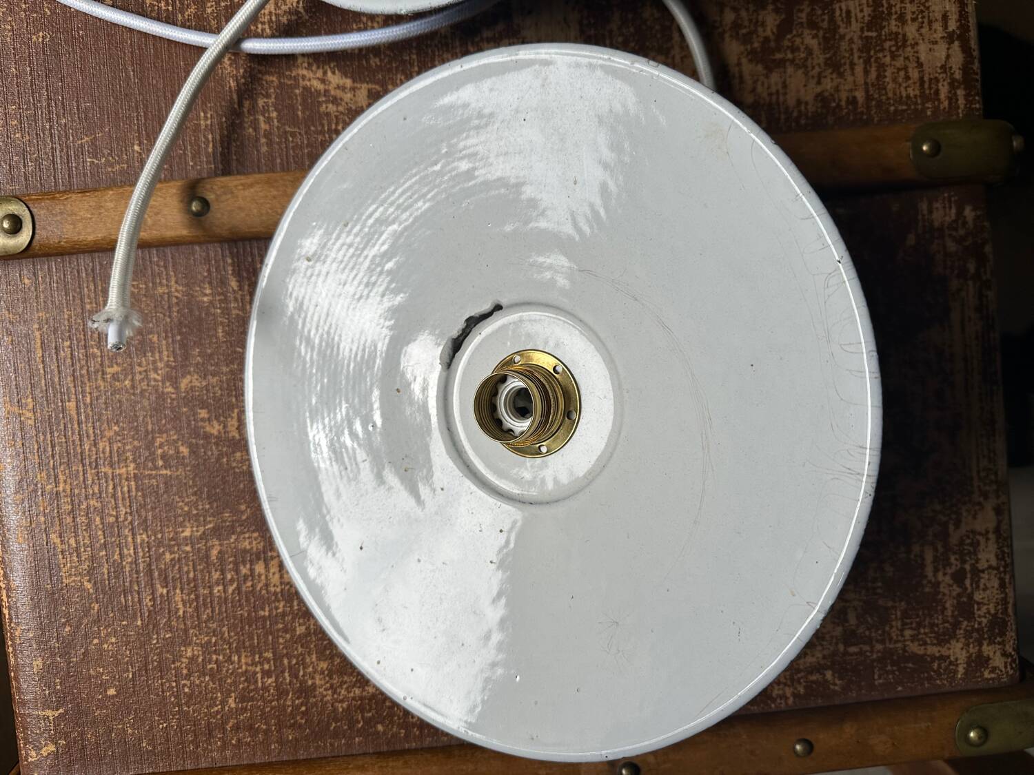 Set of two vintage green and white enamelled sheet metal lampshade pendants