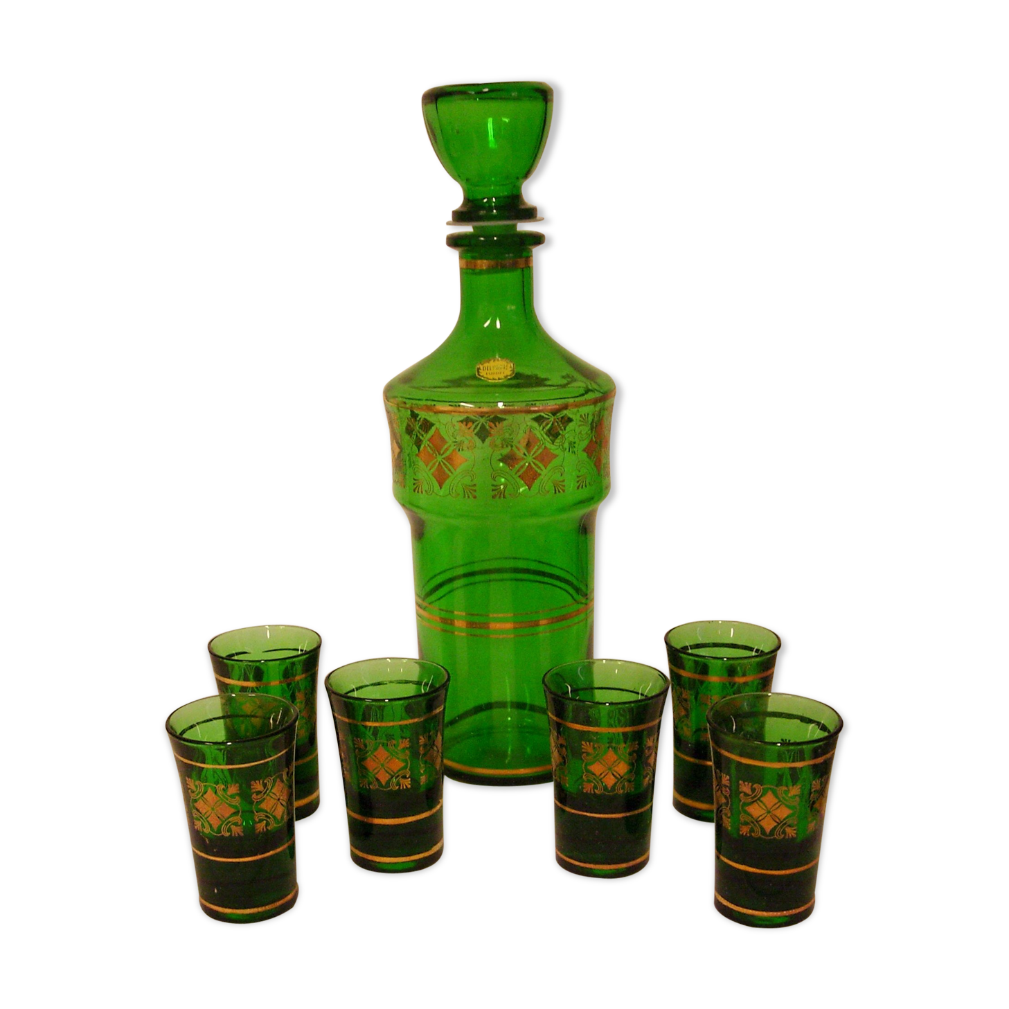 Liquor/digestive service in green and gold glass DELPRETE