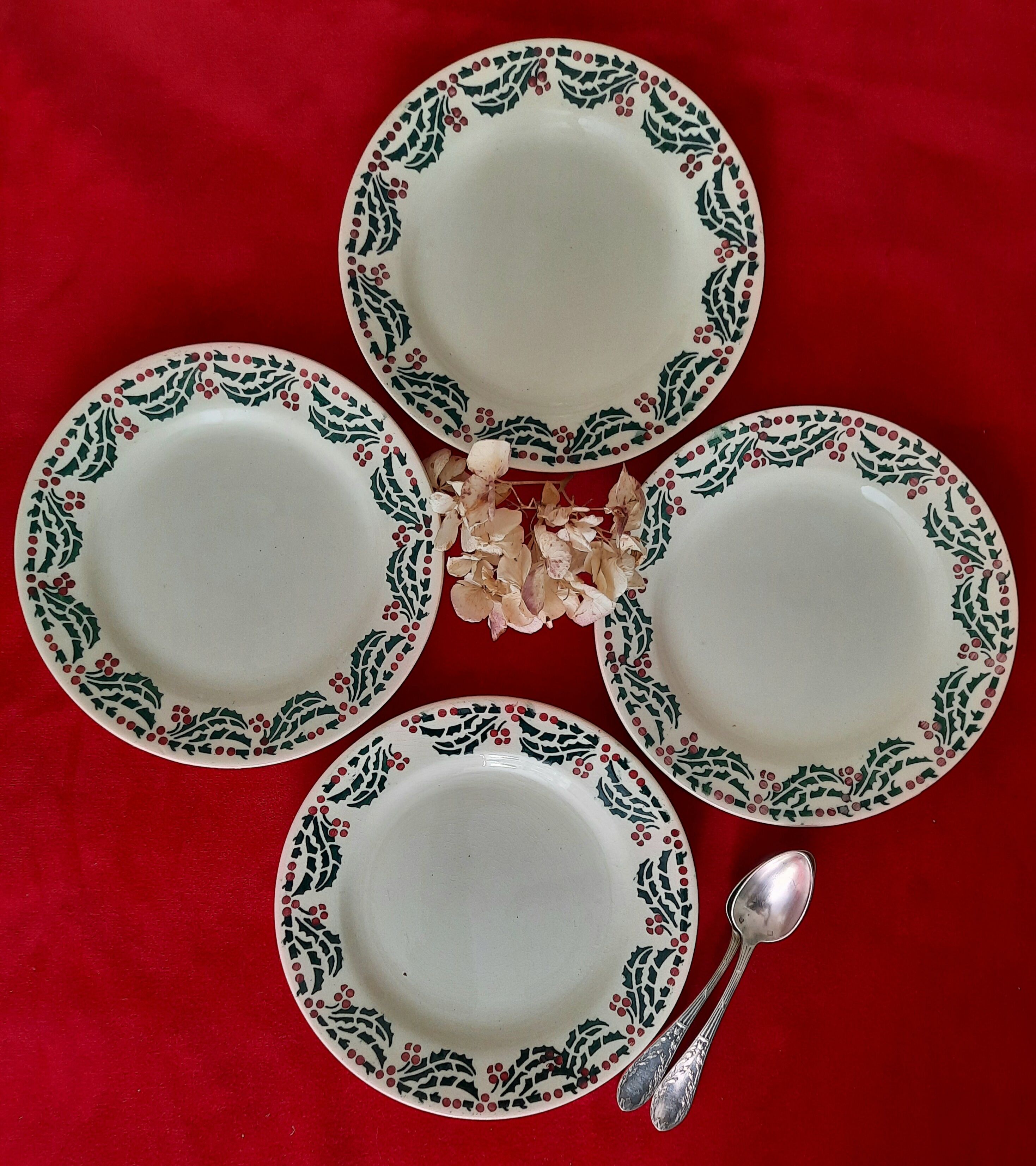 Flat, dessert, hollow plates and tureen in old earthenware