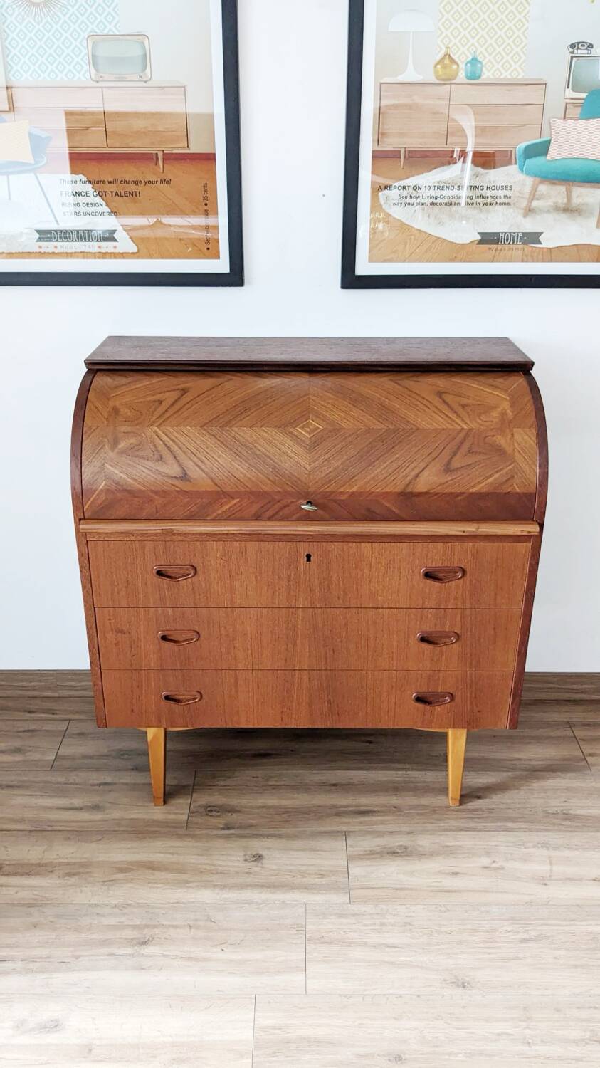 Bureau secrétaire à cylindre teck midcentury