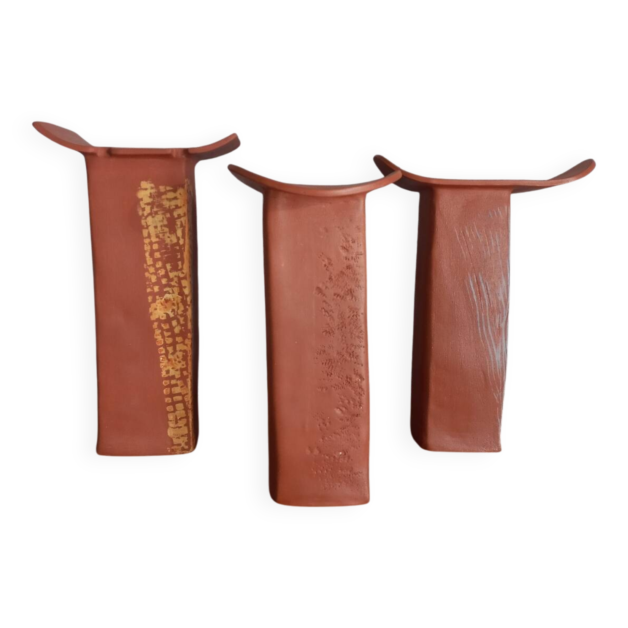 Trio of terracotta vases, unique pieces