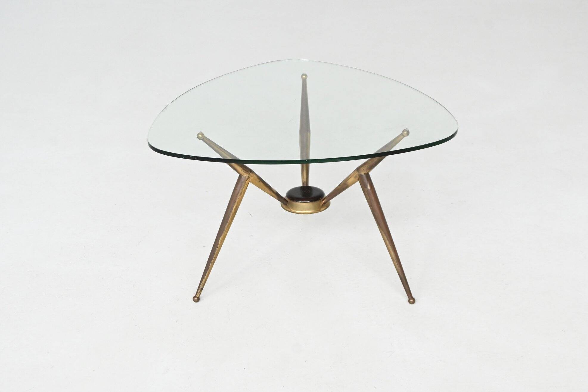 Italian tripod triangle coffee table brass and glass Italy 1950