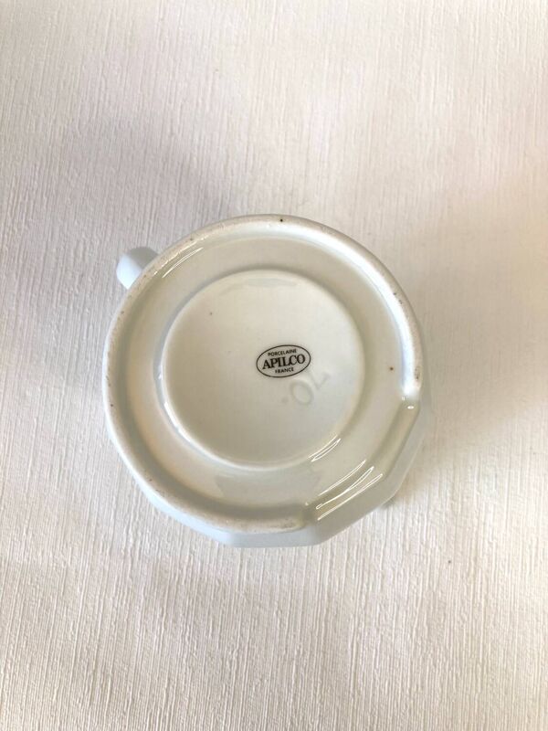 Ensemble Pichet Tasses  Bistrot Apilco ancien blanc liseré jaune et vert