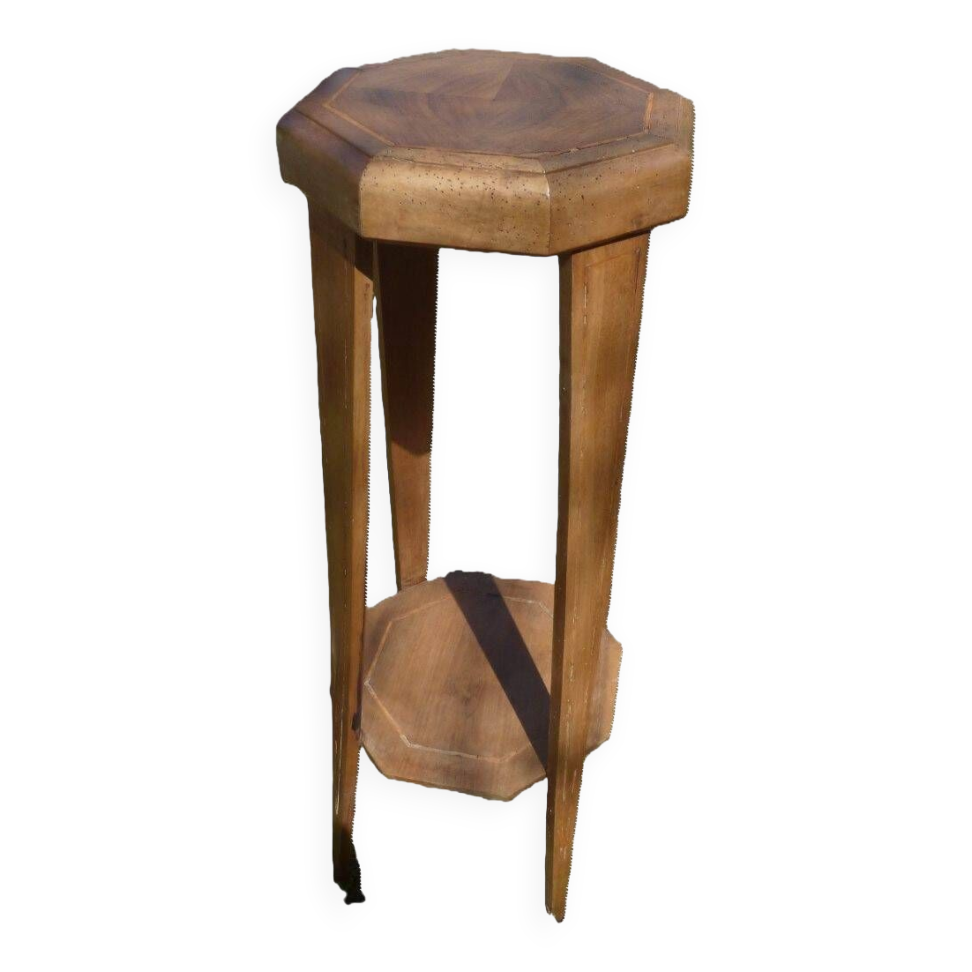 Large octagonal Art Deco marquetry stand. Spacer shelf-Wood fillet decorations 20