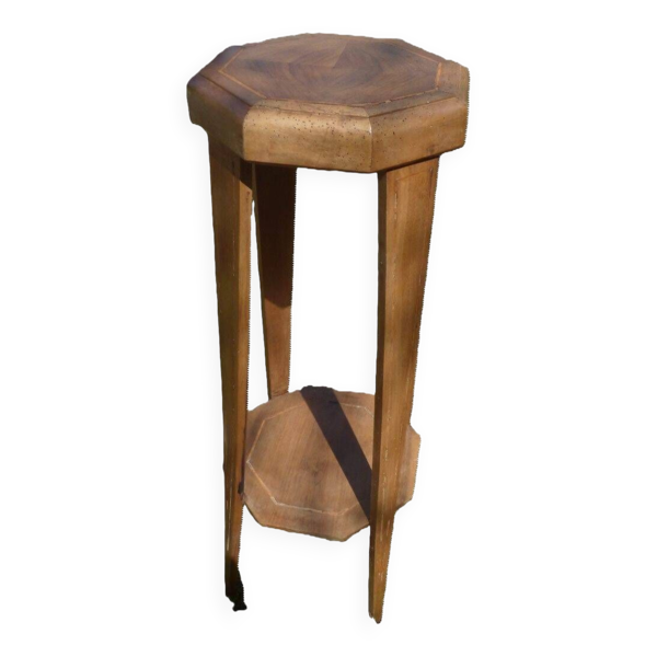 Grande Sellette octogonale Art Déco en marqueterie.Tablette d'entretoise-Décors de filets de bois 20