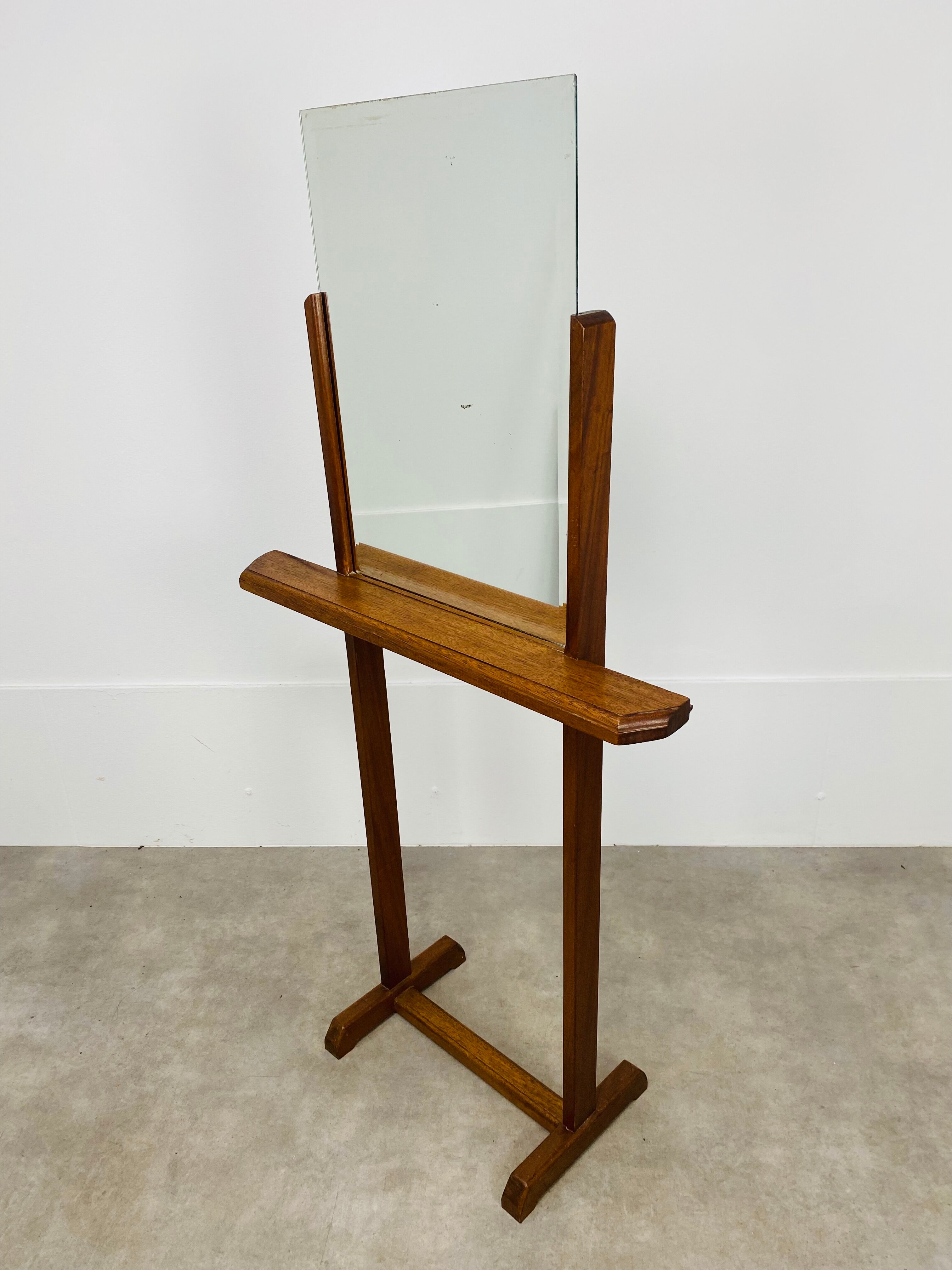 Beveled mirror on oak stand 40s