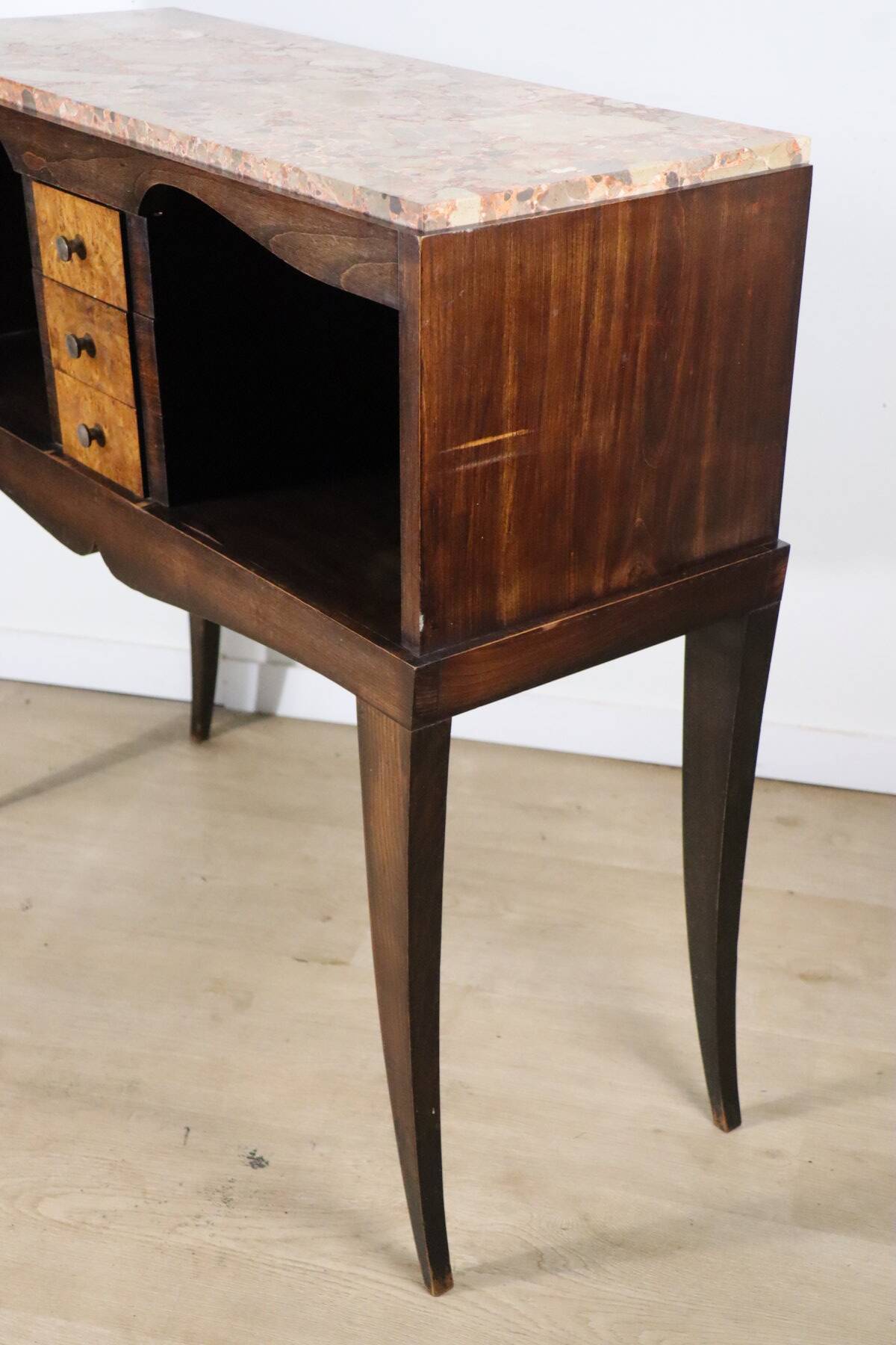 Vintage wooden and marble console table – classic style curved legs, 1950s