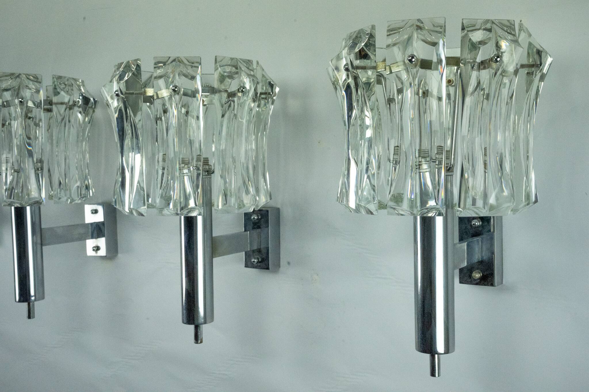 Set of four large Murano glass elements and chromed brass sconces, Italy 60