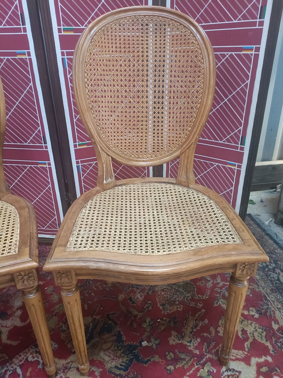 Louis XVI style medallion chairs, canned seat and back