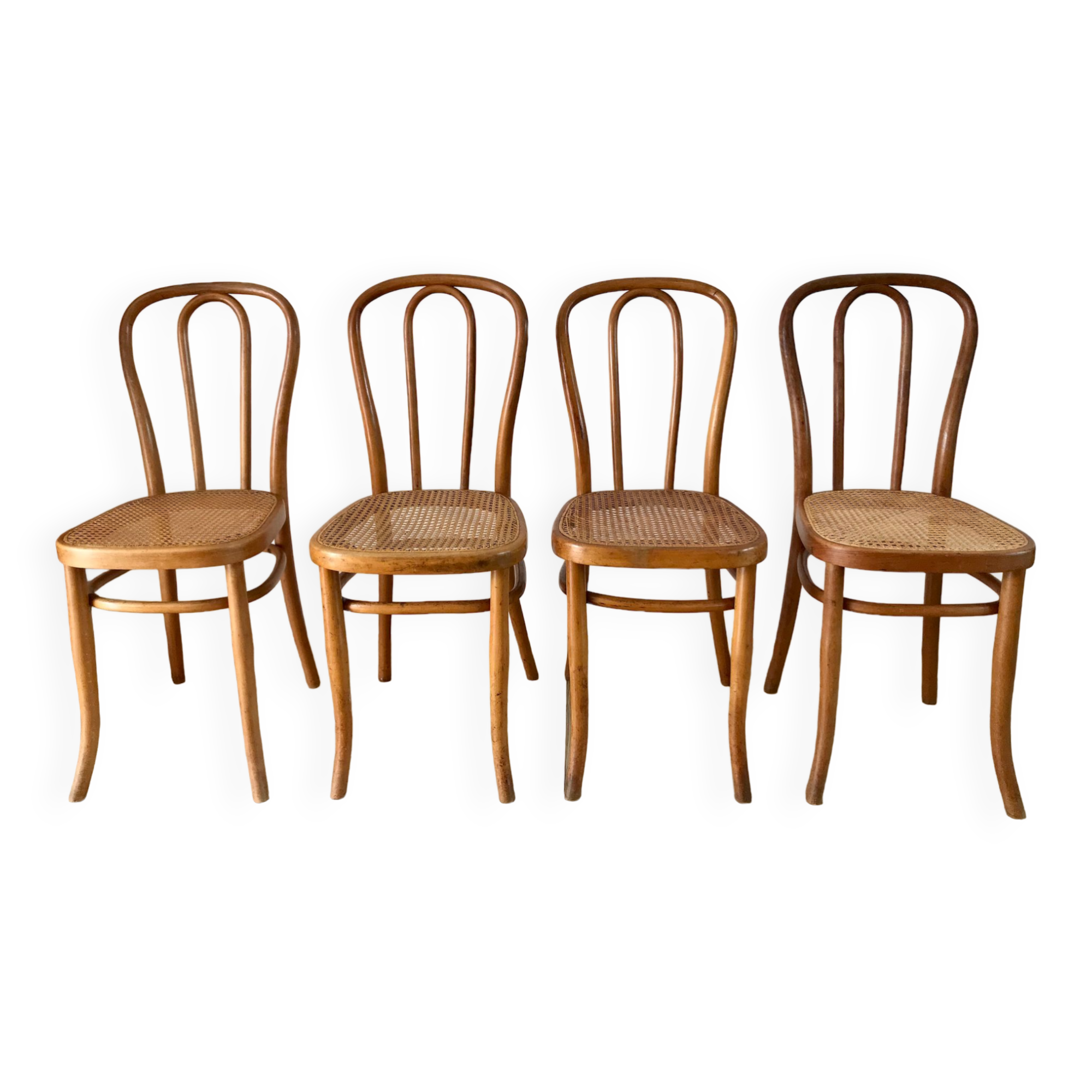 Set of 4 cane chairs in bentwood and honey-coloured cane thonet early 20th century