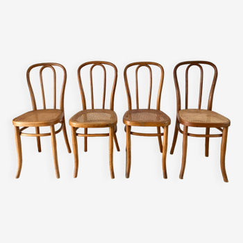 Set of 4 cane chairs in bentwood and honey-coloured cane thonet early 20th century
