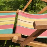 Vintage children's deckchair, sun lounger, striped canvas, 1960-1970.