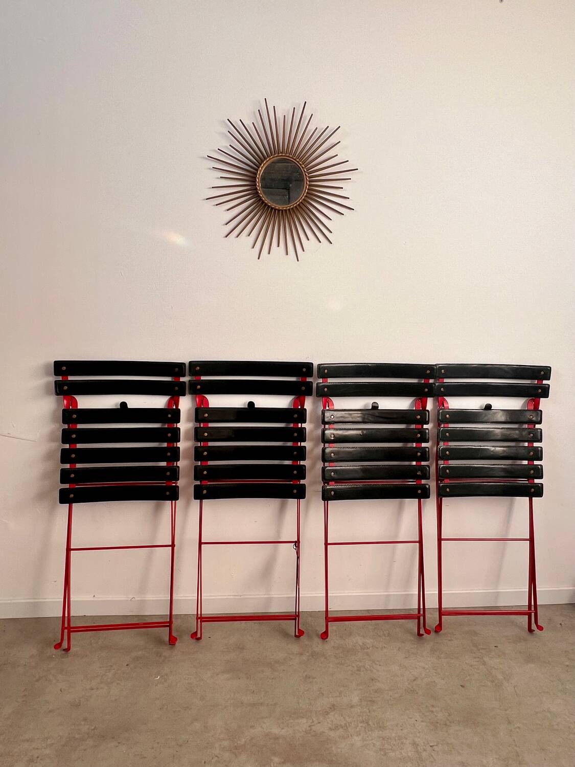 Set of 4 folding leather and metal chairs Italian design Zanuso for Zanotta Celestina vintage