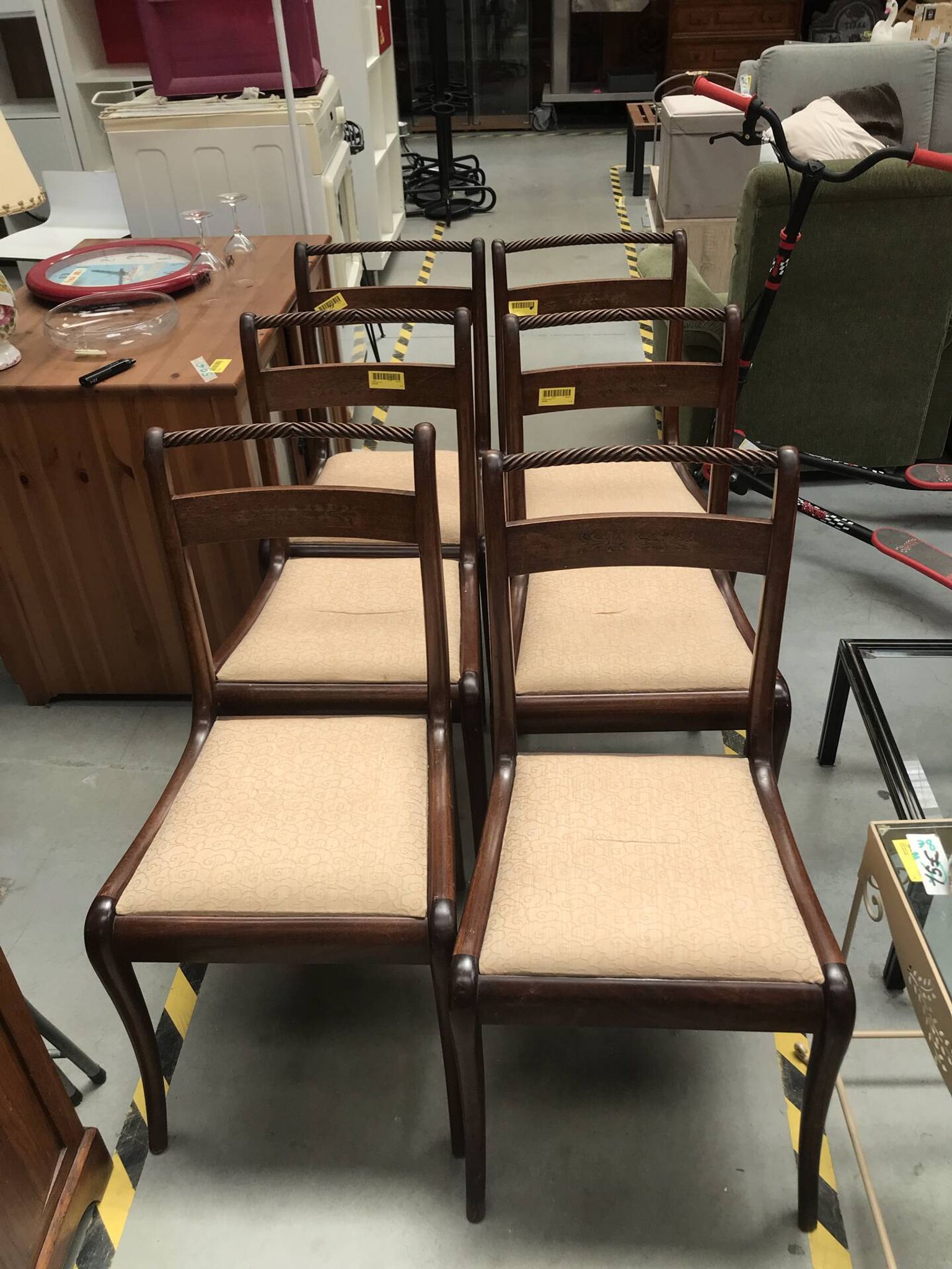 6 Art Nouveau chairs with brass marquetry