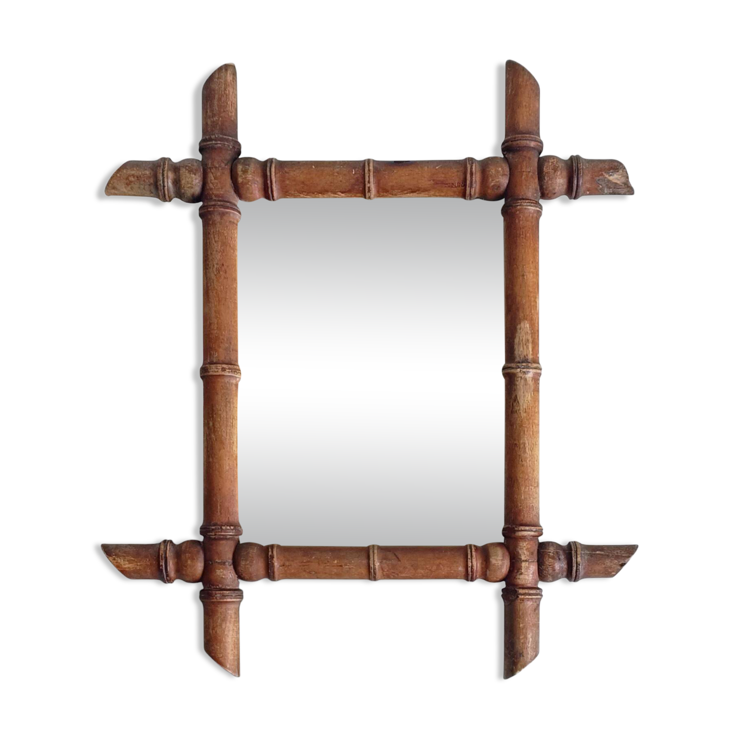 French Faux Bamboo Wall Mirror, Aged Patina, Circa 1900s