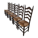 Set of 6 high-backed straw-seated chairs in solid oak from the early 1900s.