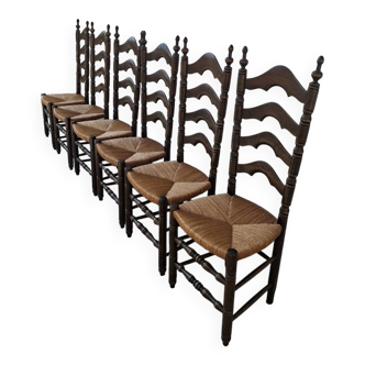 Set of 6 high-backed straw-seated chairs in solid oak from the early 1900s.