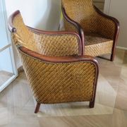 Set of 2 armchairs in woven rattan and exotic wood, 1980s