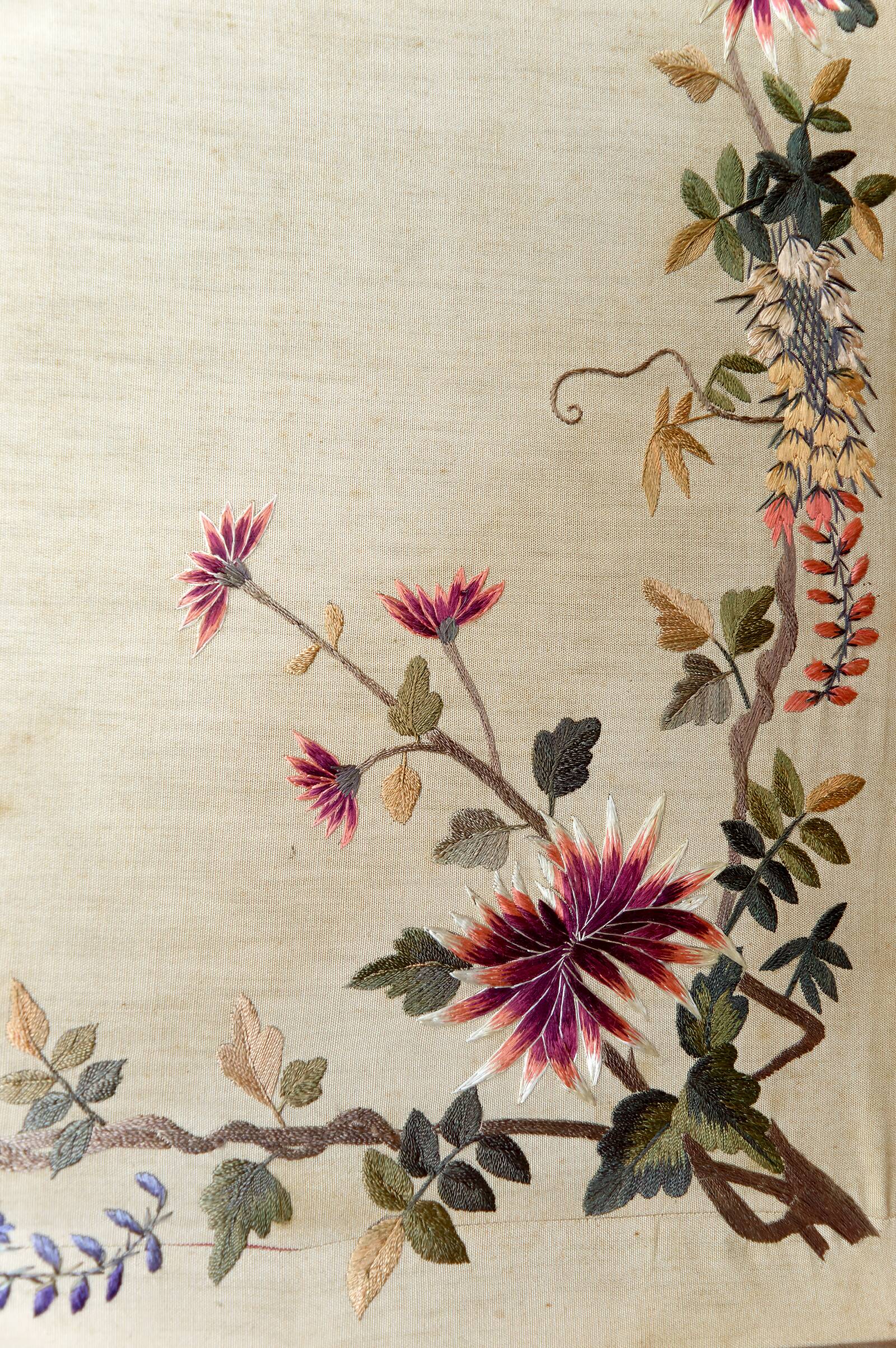 Important Set of Three Indochinese Silk Embroidered Tapestries