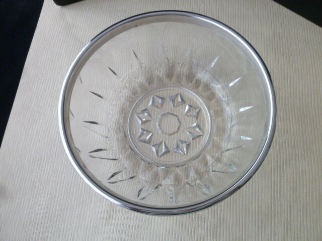 Salad bowl or fruit cup made of molded pressed glass and silver metal