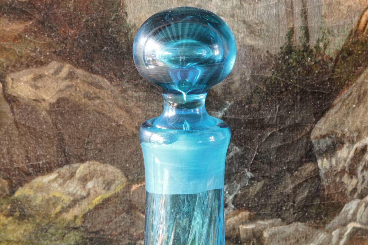 Large blown crystal bottle, twisted, turquoise blue, early 20th century.