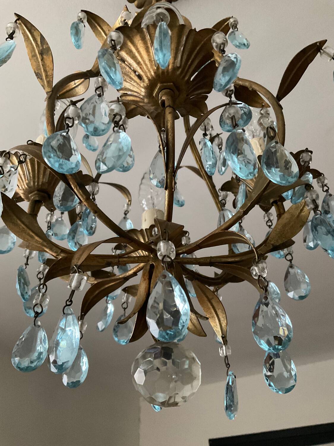 Antique Italian chandelier with cage and blue tassels