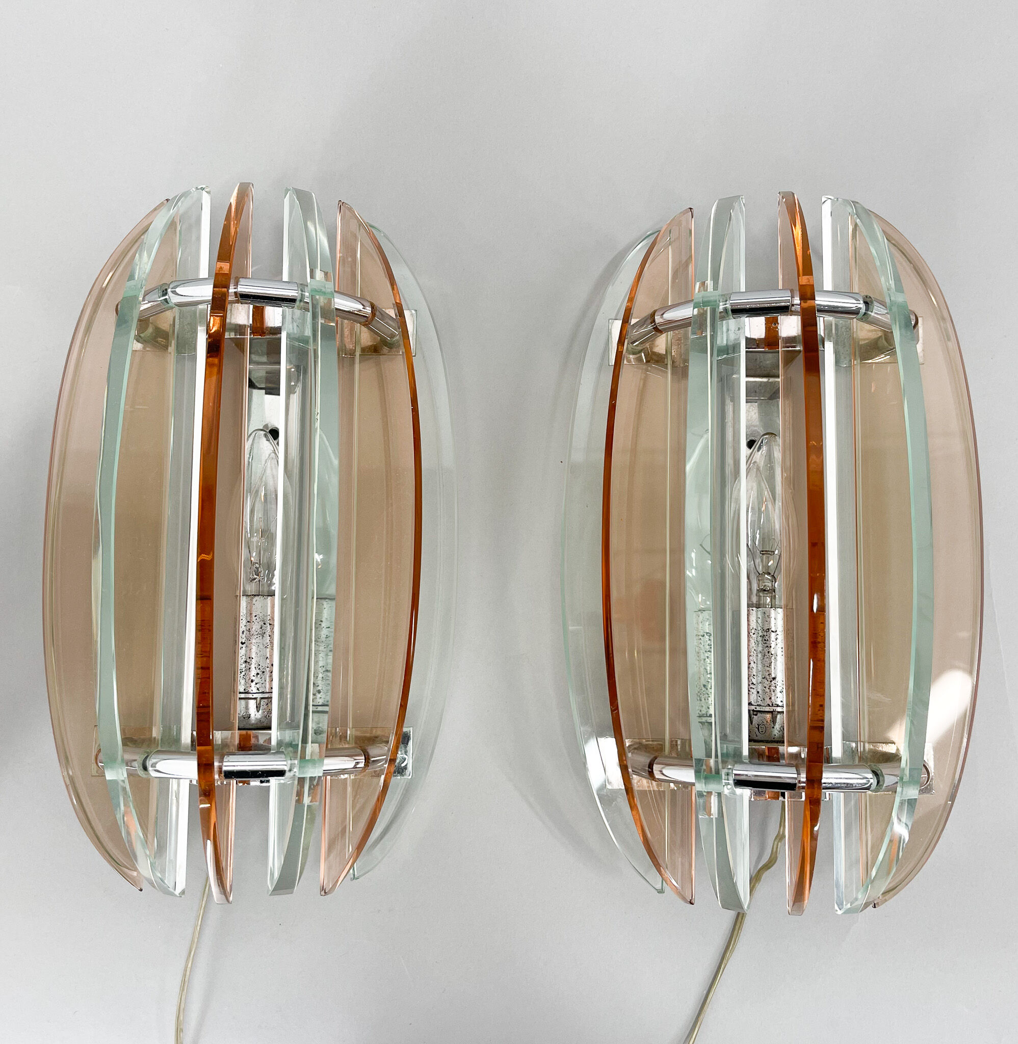 Pair of Italian Murano Glass & Chrome Sconces by Veca, Marked