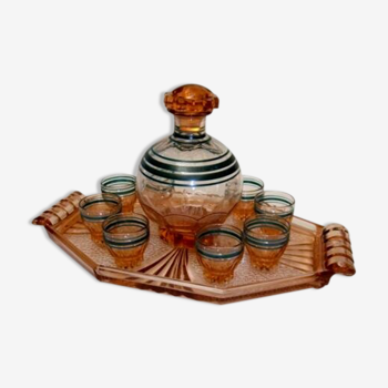 Old art deco liquor service glass carafe tray