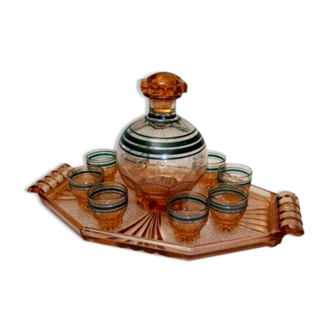 Old art deco liquor service glass carafe tray