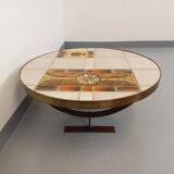 Table basse ronde vintage de Jean Gregorieff pour Roche Bobois des années 60 70 en céramique acier